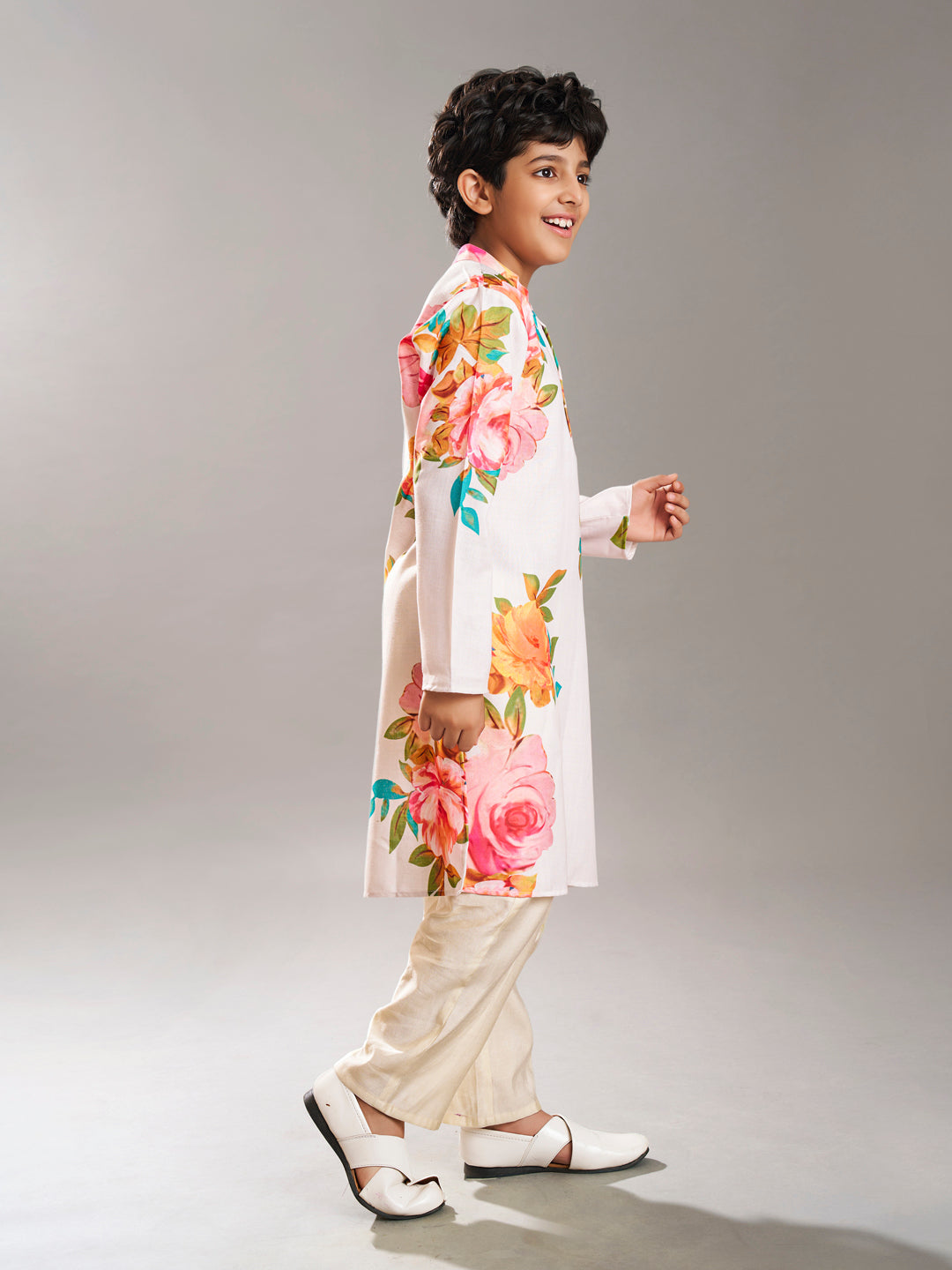 Bittu By Bhama Boys off white floral printed  kurta with a off  white pajama