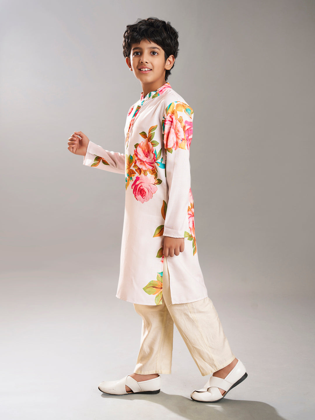 Bittu By Bhama Boys off white floral printed  kurta with a off  white pajama