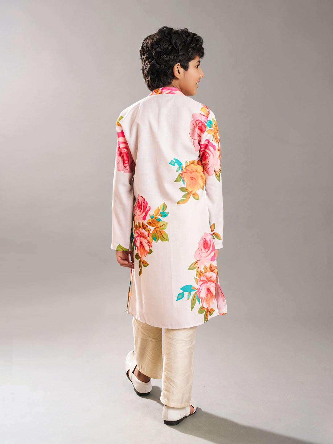 Bittu By Bhama Boys off white floral printed  kurta with a off  white pajama