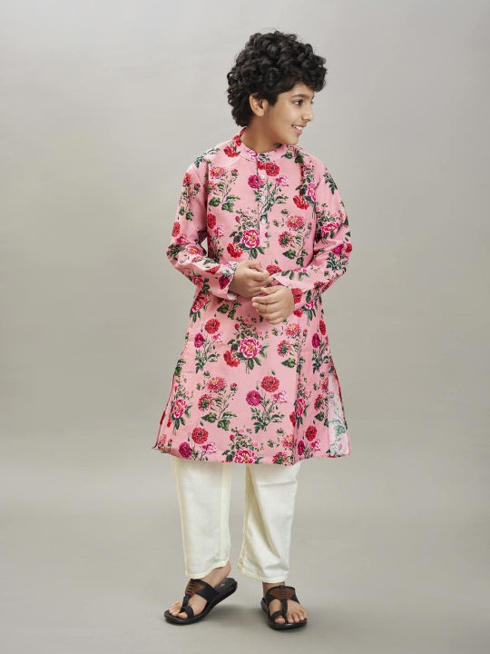 Bittu By Bhama Boys Peach floral printed  kurta with a off  white pajama