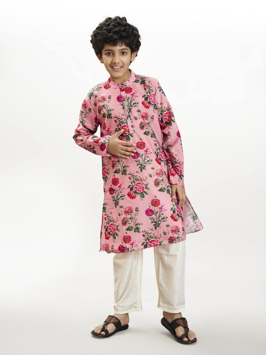 Bittu By Bhama Boys Peach floral printed  kurta with a off  white pajama