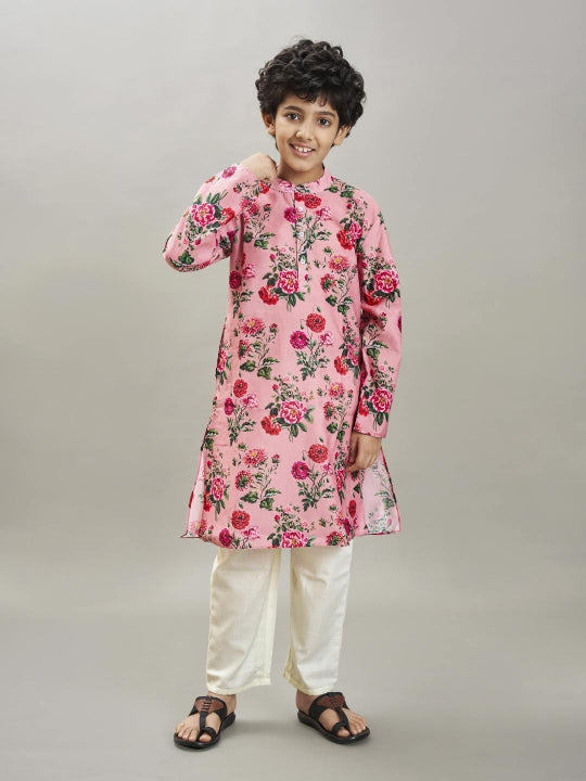 Bittu By Bhama Boys Peach floral printed  kurta with a off  white pajama