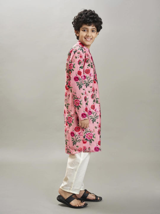 Bittu By Bhama Boys Peach floral printed  kurta with a off  white pajama