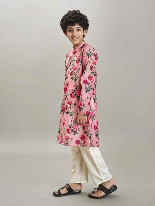 Bittu By Bhama Boys Peach floral printed  kurta with a off  white pajama