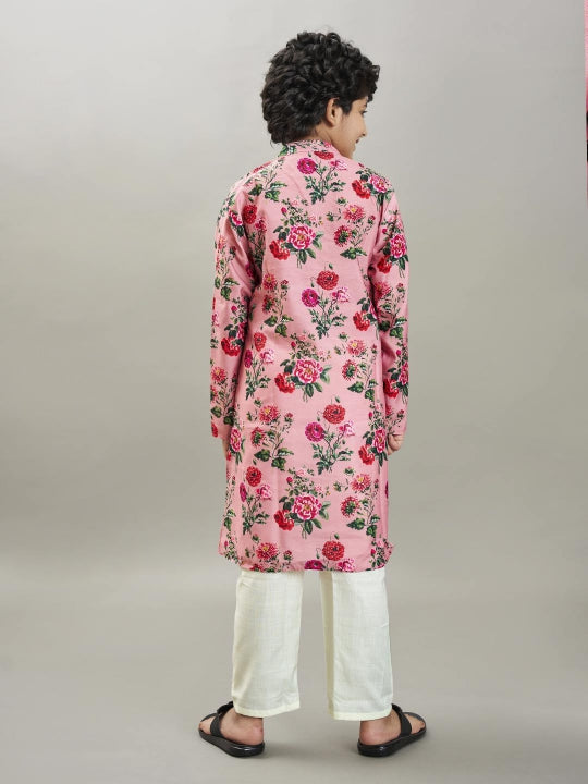 Bittu By Bhama Boys Peach floral printed  kurta with a off  white pajama
