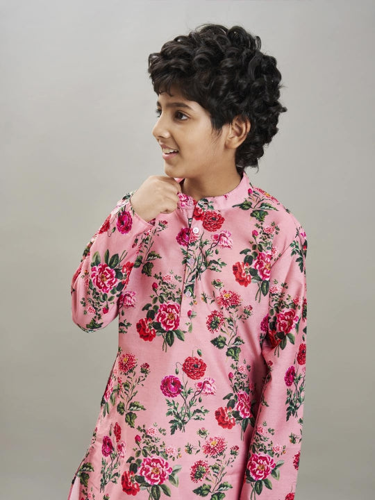 Bittu By Bhama Boys Peach floral printed  kurta with a off  white pajama