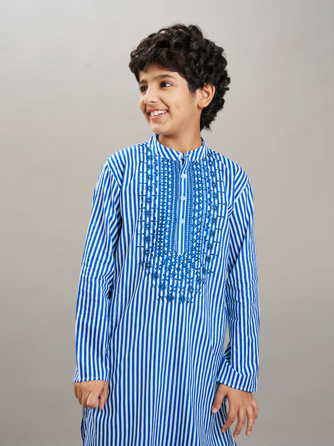 Bittu By Bhama Boys blue white stripe embroidery kurta with a off  white pajama
