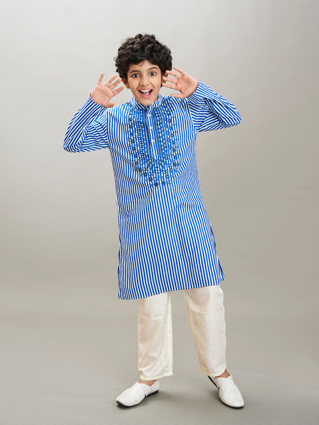 Bittu By Bhama Boys blue white stripe embroidery kurta with a off  white pajama
