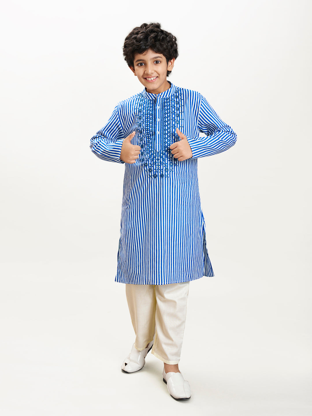 Bittu By Bhama Boys blue white stripe embroidery kurta with a off  white pajama