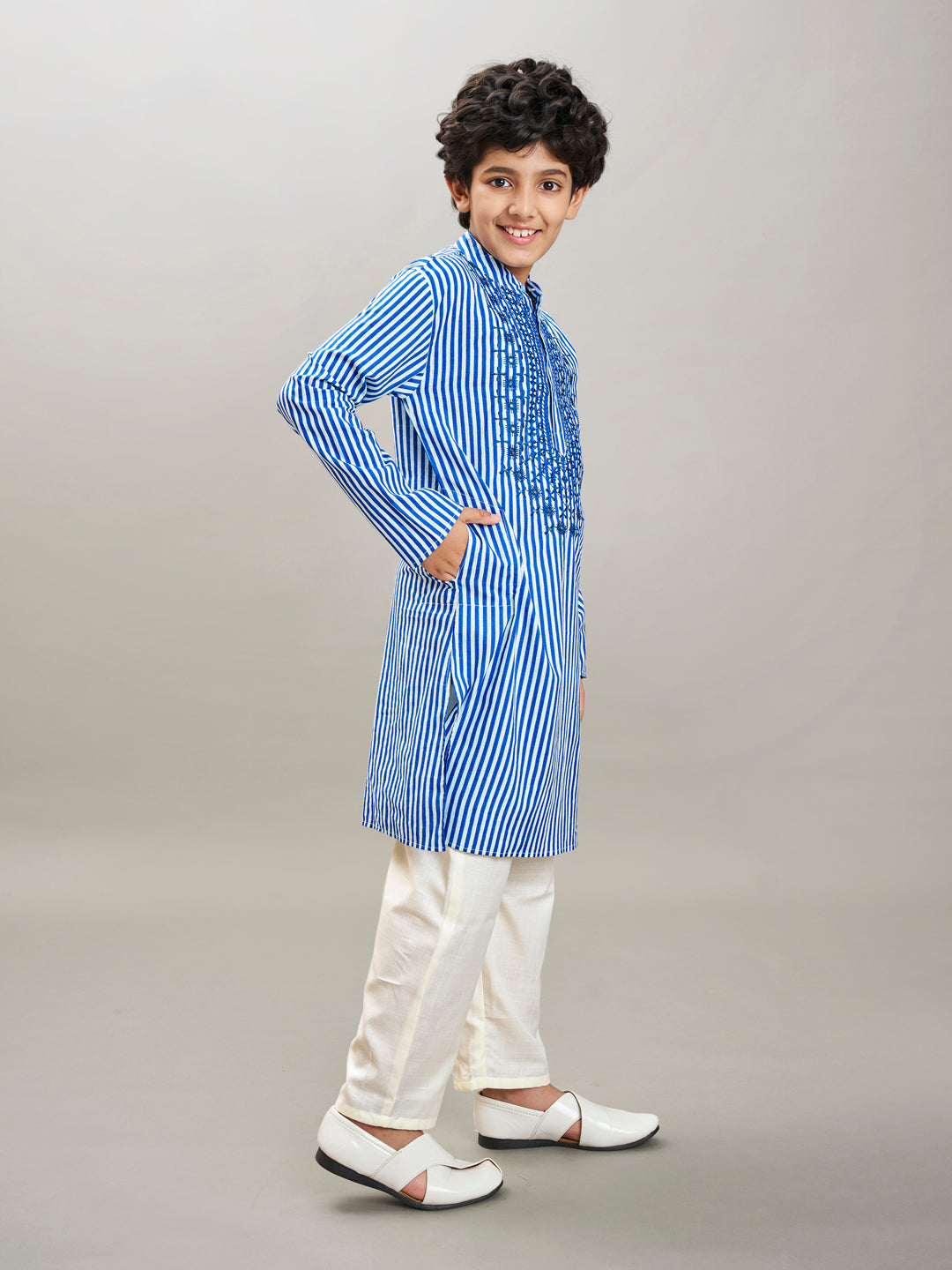 Bittu By Bhama Boys blue white stripe embroidery kurta with a off  white pajama
