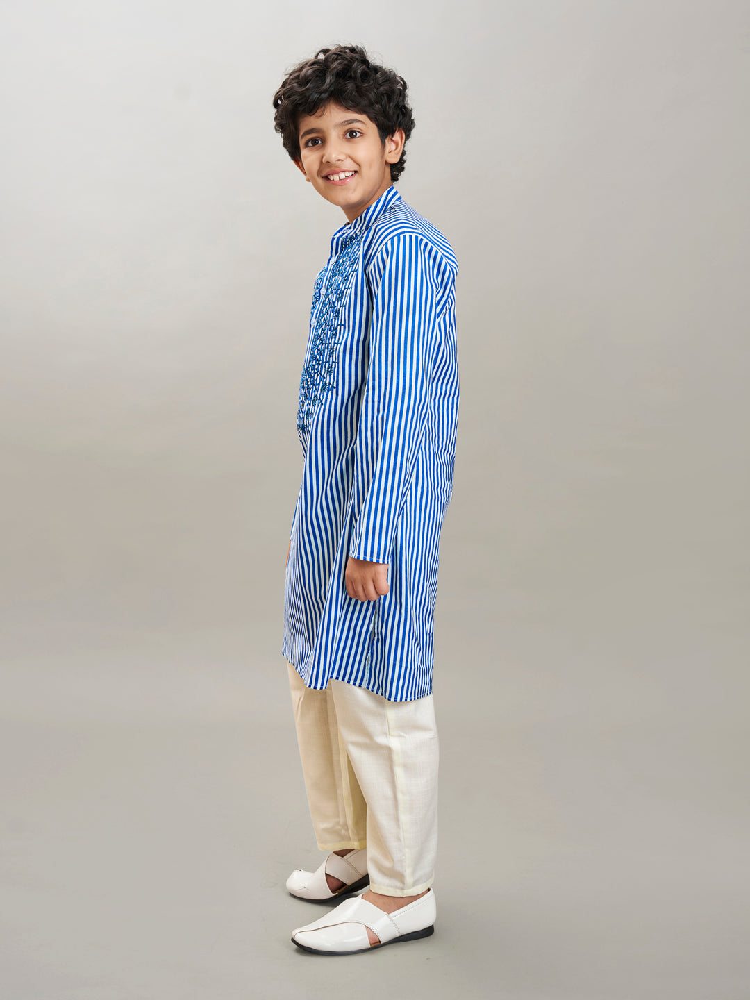 Bittu By Bhama Boys blue white stripe embroidery kurta with a off  white pajama