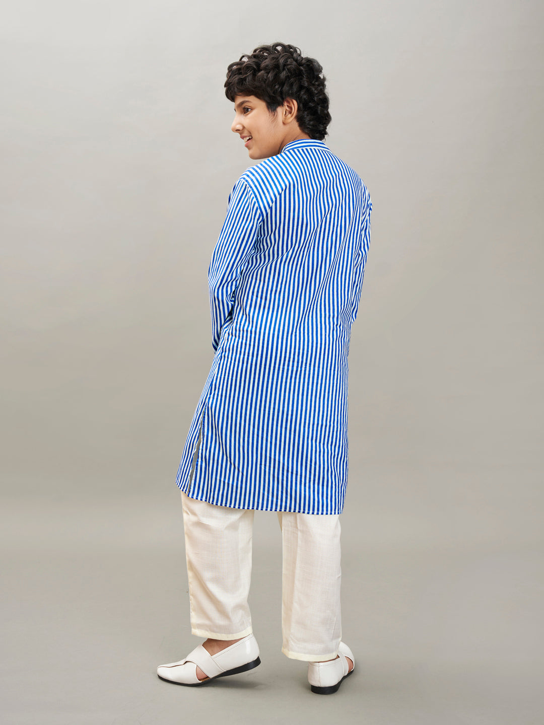 Bittu By Bhama Boys blue white stripe embroidery kurta with a off  white pajama