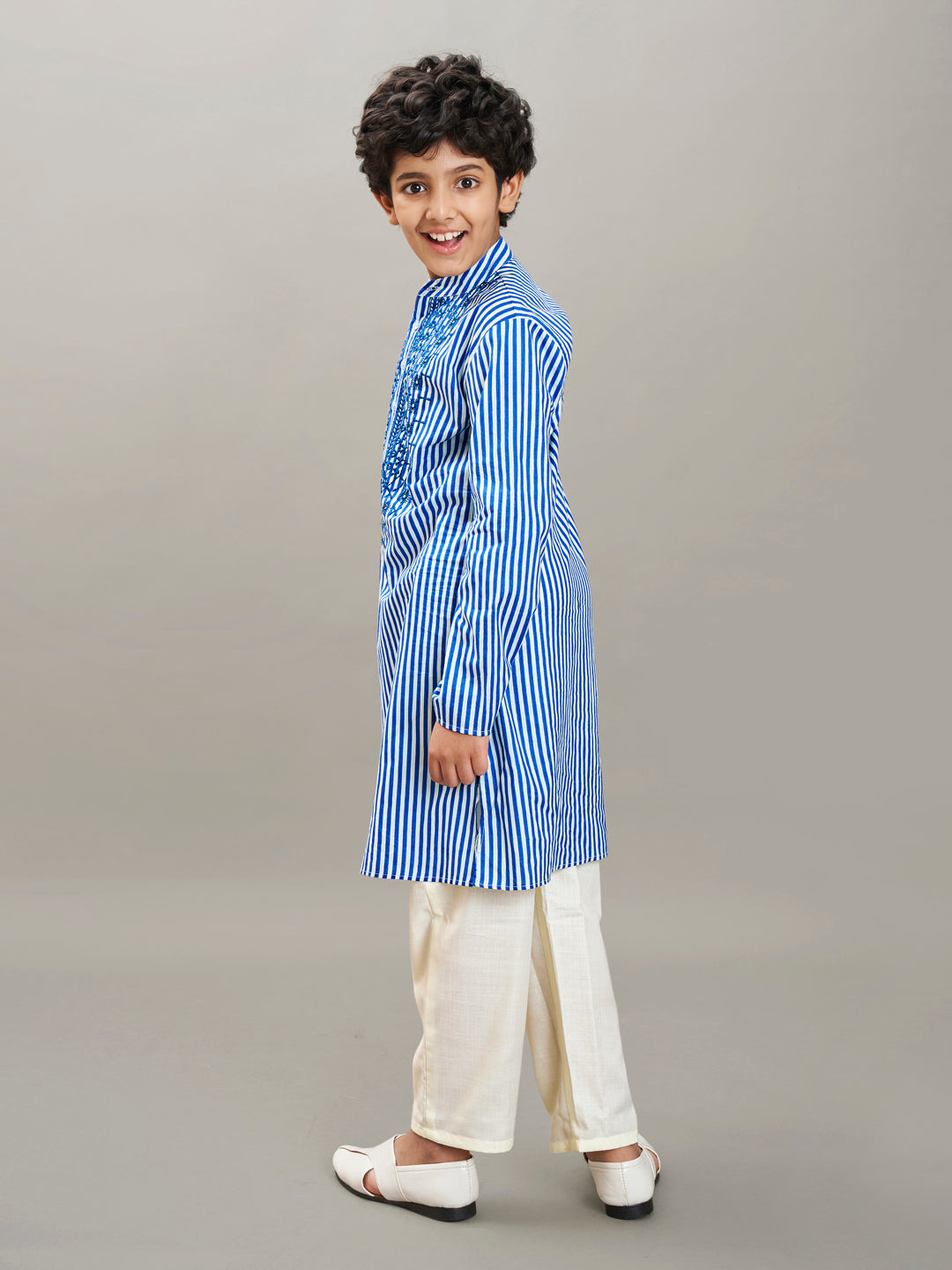 Bittu By Bhama Boys blue white stripe embroidery kurta with a off  white pajama