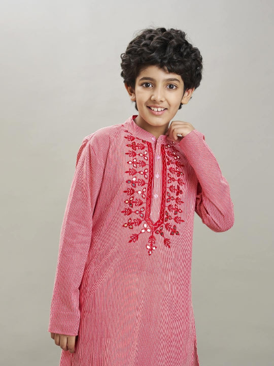 Bittu By Bhama Boys red white stripe embroidery kurta with a off  white pajama