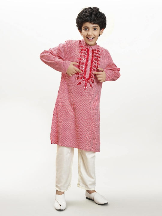 Bittu By Bhama Boys red white stripe embroidery kurta with a off  white pajama