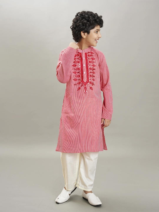 Bittu By Bhama Boys red white stripe embroidery kurta with a off  white pajama