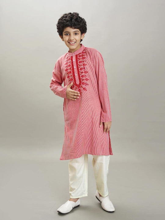 Bittu By Bhama Boys red white stripe embroidery kurta with a off  white pajama