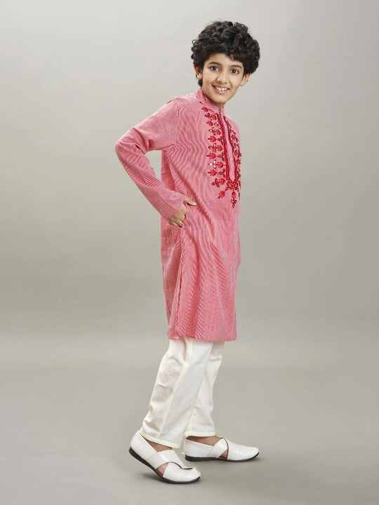 Bittu By Bhama Boys red white stripe embroidery kurta with a off  white pajama