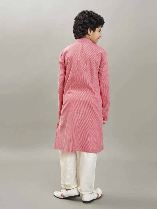 Bittu By Bhama Boys red white stripe embroidery kurta with a off  white pajama