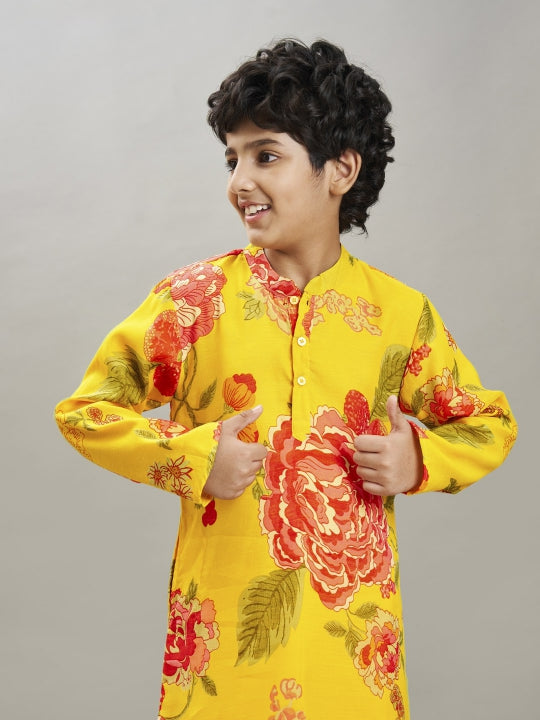 Bittu By Bhama Boys yellow & red floral printed kurta with a off white pajama