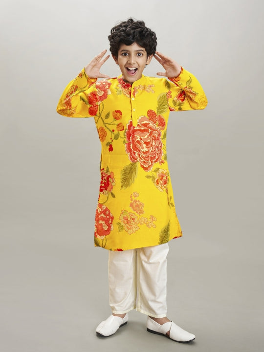 Bittu By Bhama Boys yellow & red floral printed kurta with a off white pajama