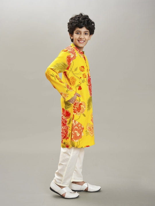 Bittu By Bhama Boys yellow & red floral printed kurta with a off white pajama
