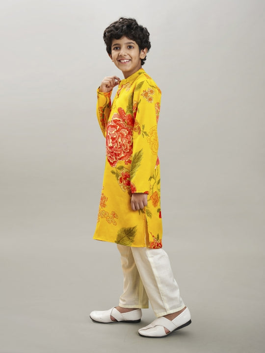 Bittu By Bhama Boys yellow & red floral printed kurta with a off white pajama