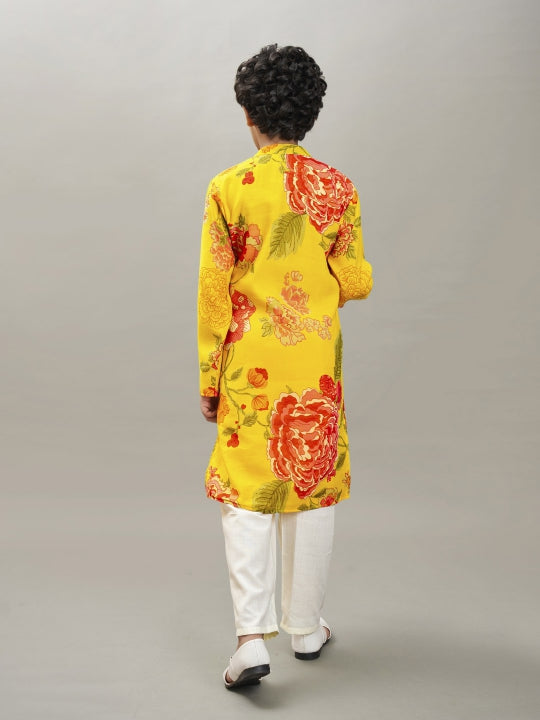 Bittu By Bhama Boys yellow & red floral printed kurta with a off white pajama