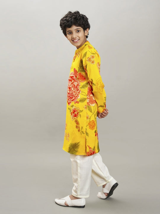 Bittu By Bhama Boys yellow & red floral printed kurta with a off white pajama