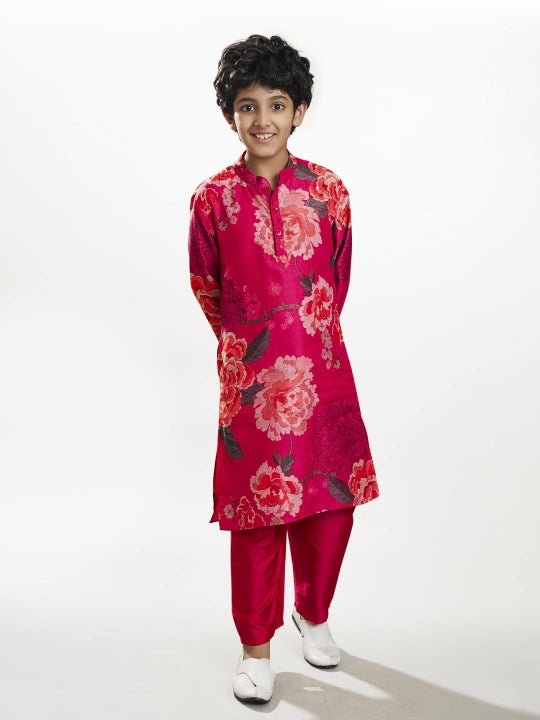 Bittu By Bhama Boys Pink floral printed kurta with a Pink pajama.