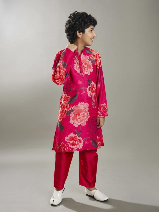 Bittu By Bhama Boys Pink floral printed kurta with a Pink pajama.