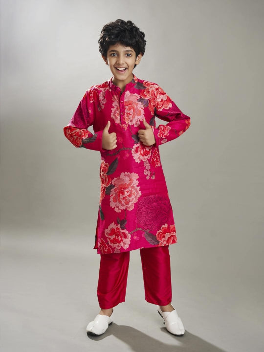 Bittu By Bhama Boys Pink floral printed kurta with a Pink pajama.