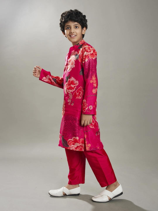Bittu By Bhama Boys Pink floral printed kurta with a Pink pajama.