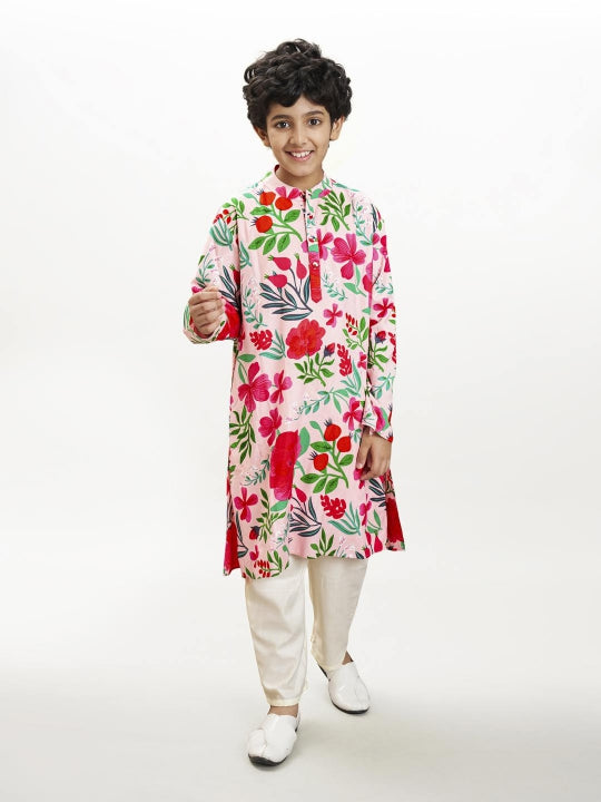 Bittu By Bhama Boys Peach floral printed  kurta with a off  white pajama