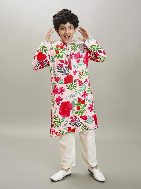 Bittu By Bhama Boys Peach floral printed  kurta with a off  white pajama