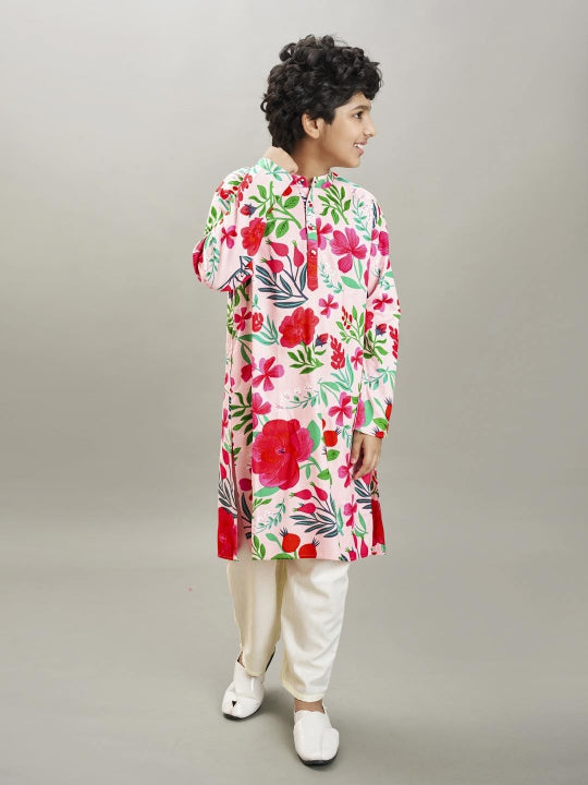 Bittu By Bhama Boys Peach floral printed  kurta with a off  white pajama