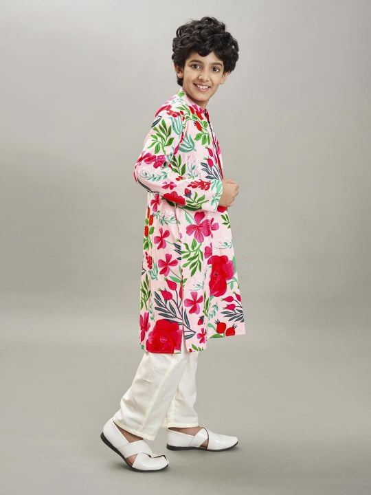 Bittu By Bhama Boys Peach floral printed  kurta with a off  white pajama