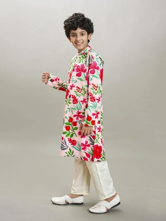 Bittu By Bhama Boys Peach floral printed  kurta with a off  white pajama