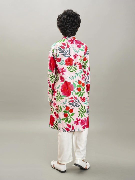 Bittu By Bhama Boys Peach floral printed  kurta with a off  white pajama