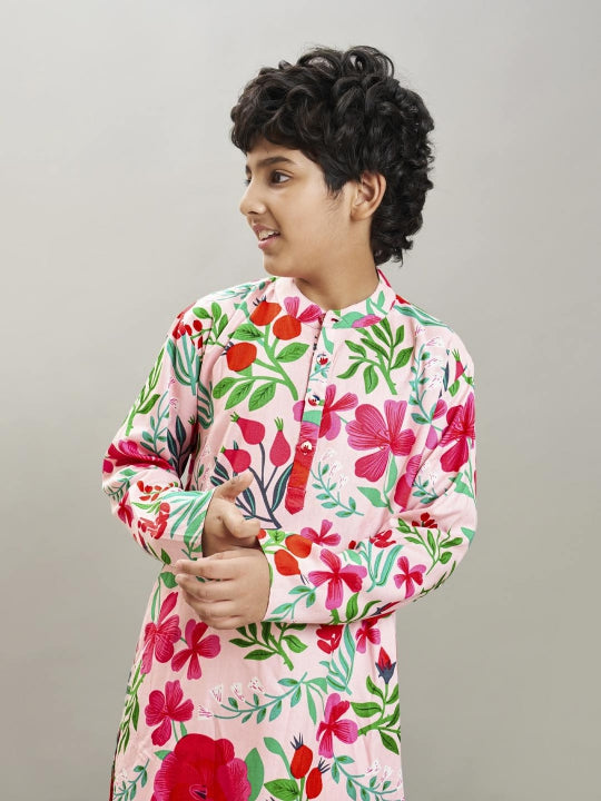 Bittu By Bhama Boys Peach floral printed  kurta with a off  white pajama