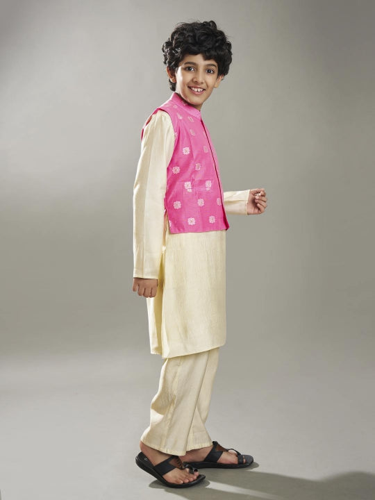 Bittu By Bhama Boys off white kurta pajama with pink jacquard booti Jacket