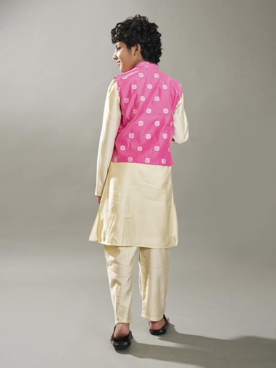 Bittu By Bhama Boys off white kurta pajama with pink jacquard booti Jacket
