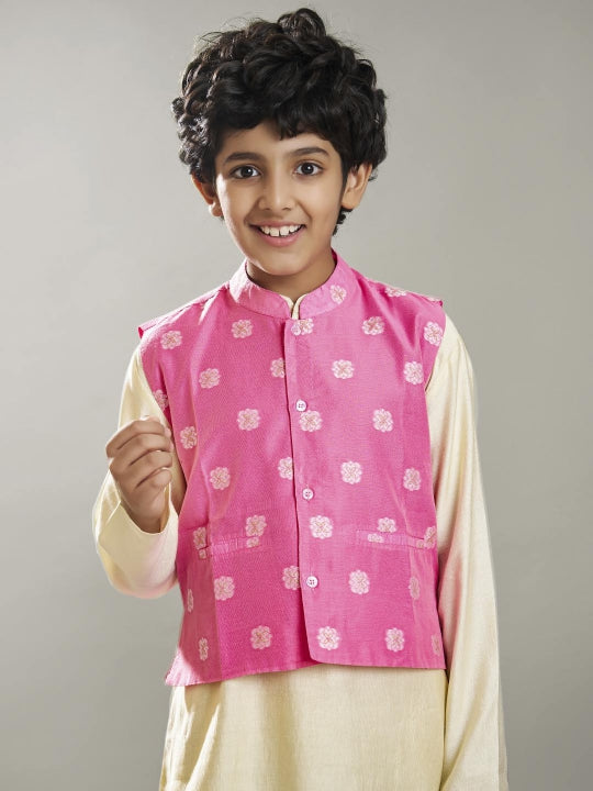 Bittu By Bhama Boys off white kurta pajama with pink jacquard booti Jacket