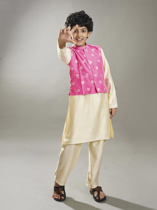 Bittu By Bhama Boys off white kurta pajama with pink jacquard booti Jacket