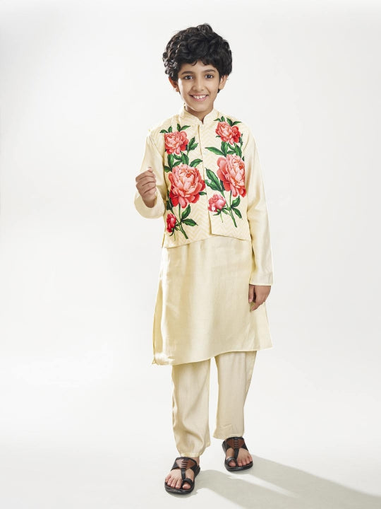 Bittu By Bhama Boys off white kurta pajama with off white floral print jacket