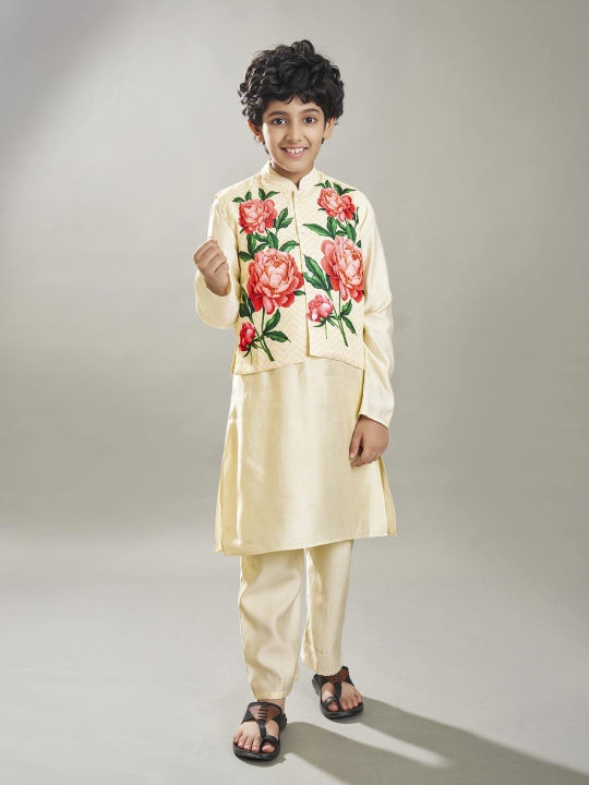 Bittu By Bhama Boys off white kurta pajama with off white floral print jacket