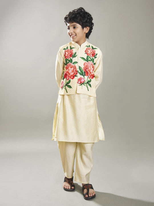 Bittu By Bhama Boys off white kurta pajama with off white floral print jacket