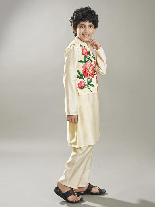 Bittu By Bhama Boys off white kurta pajama with off white floral print jacket