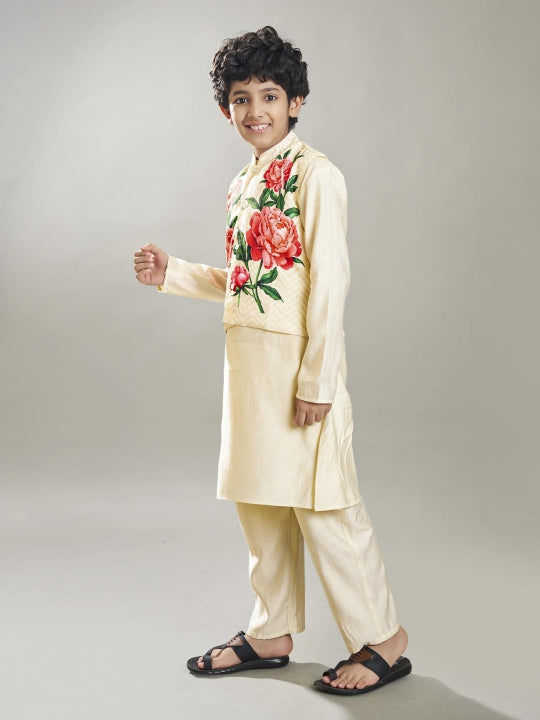 Bittu By Bhama Boys off white kurta pajama with off white floral print jacket