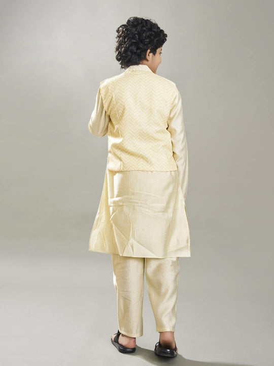 Bittu By Bhama Boys off white kurta pajama with off white floral print jacket